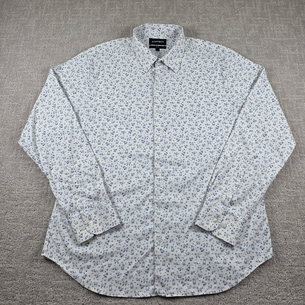 Bonobos Mens XL Slim Fit Long Sleeve Button Down Shirt White Blue Dog Print